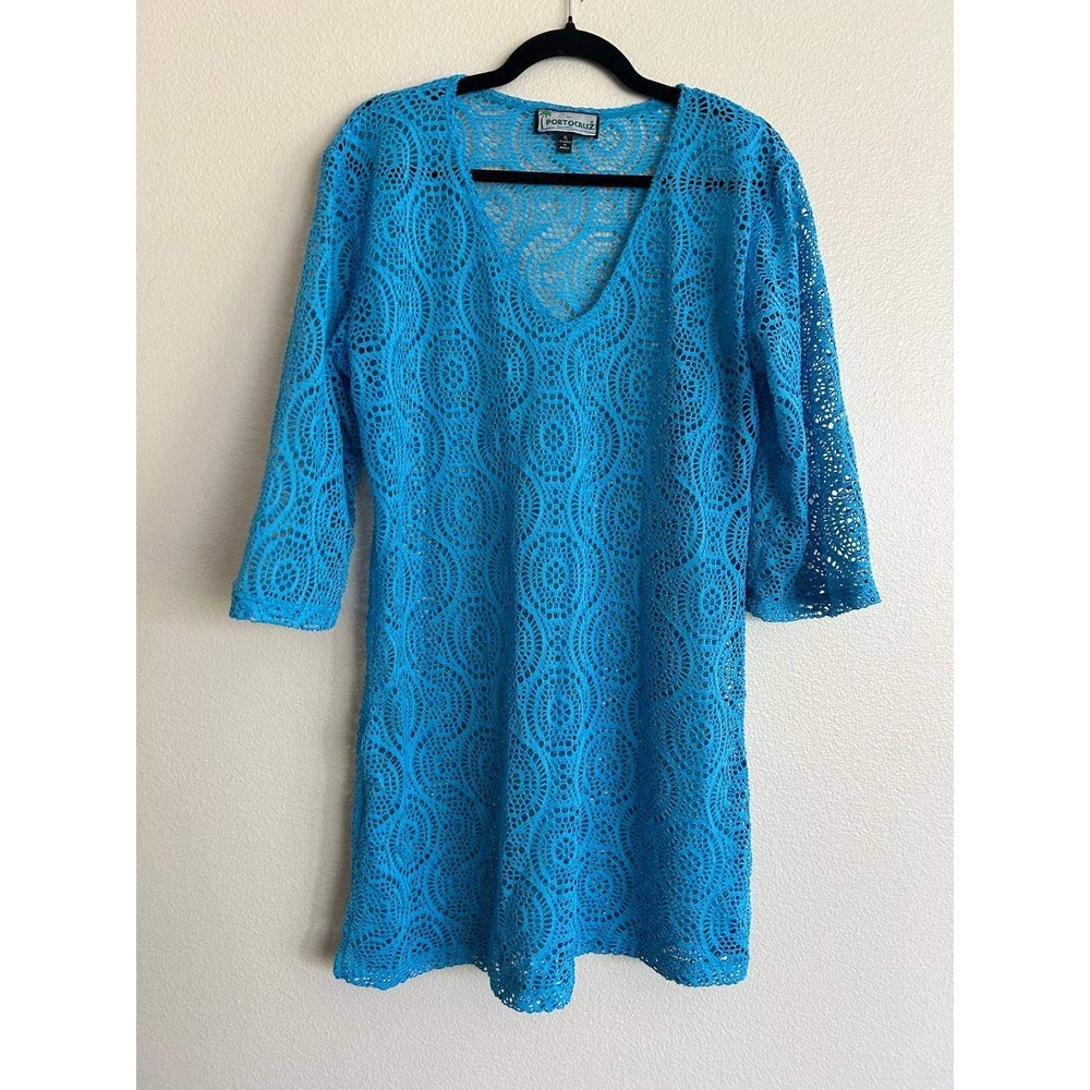 Porto Cruz Turquoise Crochet Swim Cover Up XL Boho Beach Vacation Resortwear